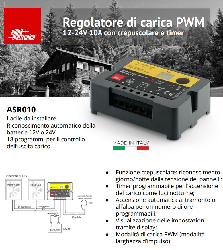 Regolatore di Carica per Pannelli Solari PWM 12 24Vdc 10A con Timer